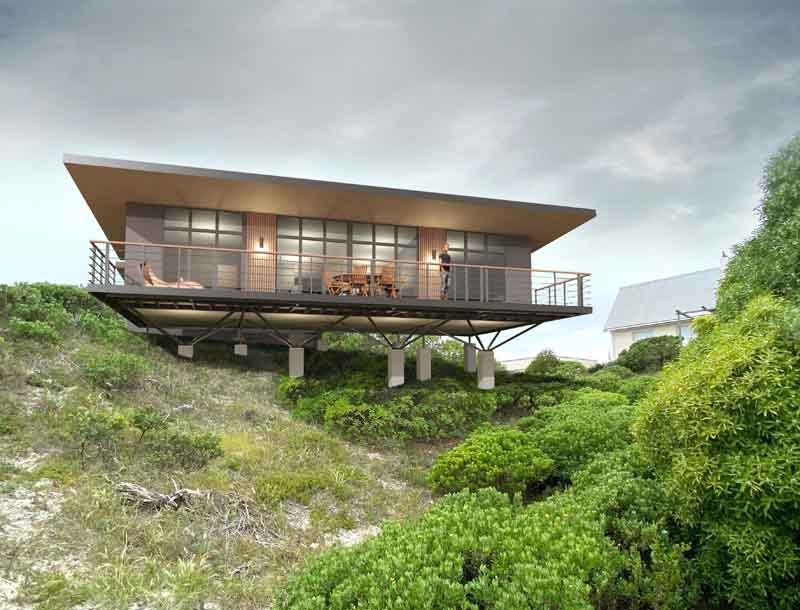 xPod Pavilion elevated on stilts overlooking a coastal dune