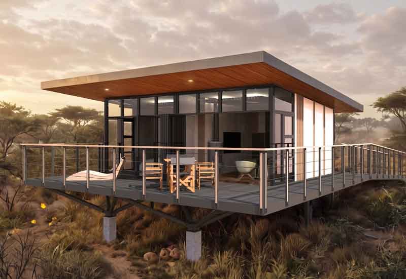 xPod Pavilion pod elevated on stilts with a deck at sunset